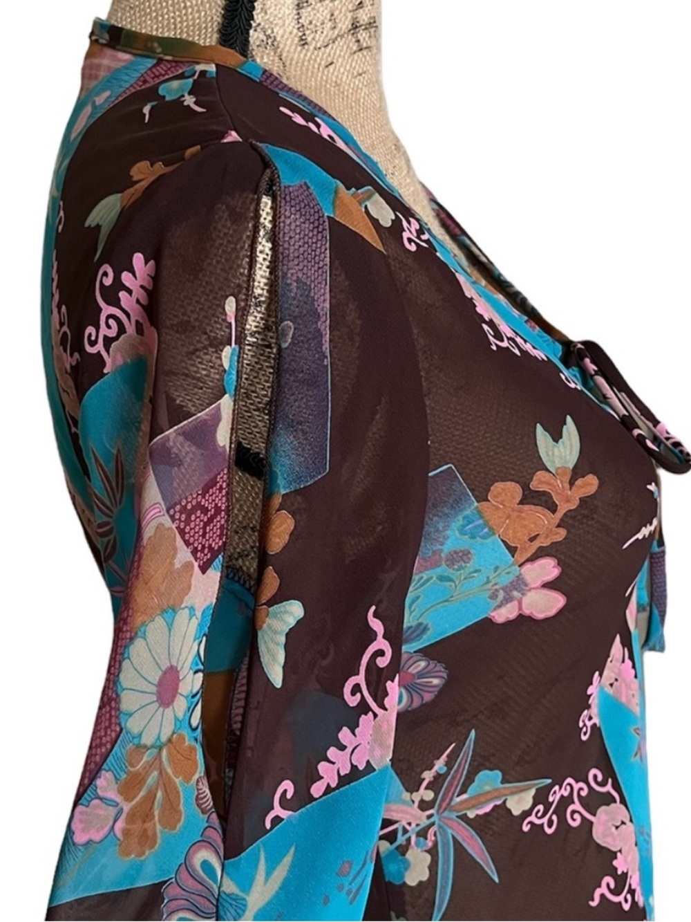 KLD Signature Patchwork Mesh Blouse Open Shoulder Tie Neck Small - Picture 2 of 16